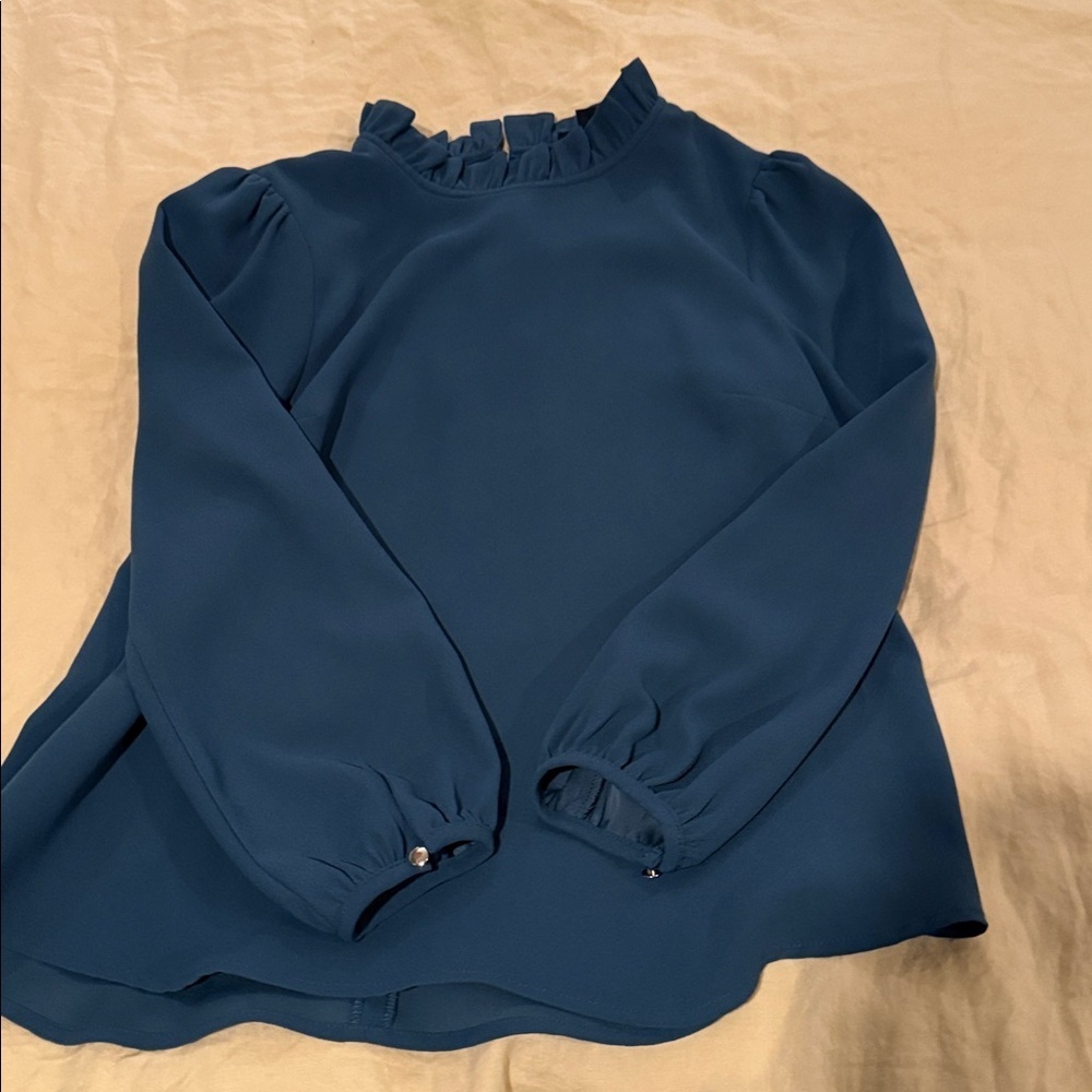 J.Crew Ruffle Neck Blouse Forest Green M Work Top Keyhole Elegant - Picture 5 of 9